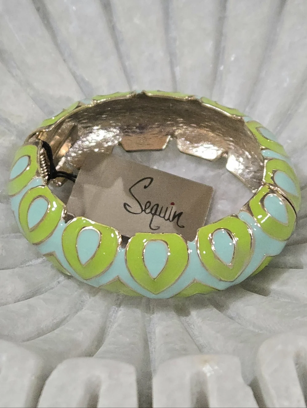 Sequin NYC Nordstrom Enamel Bangle Turquoise‎ & Lime Green Moorish Pattern NWT